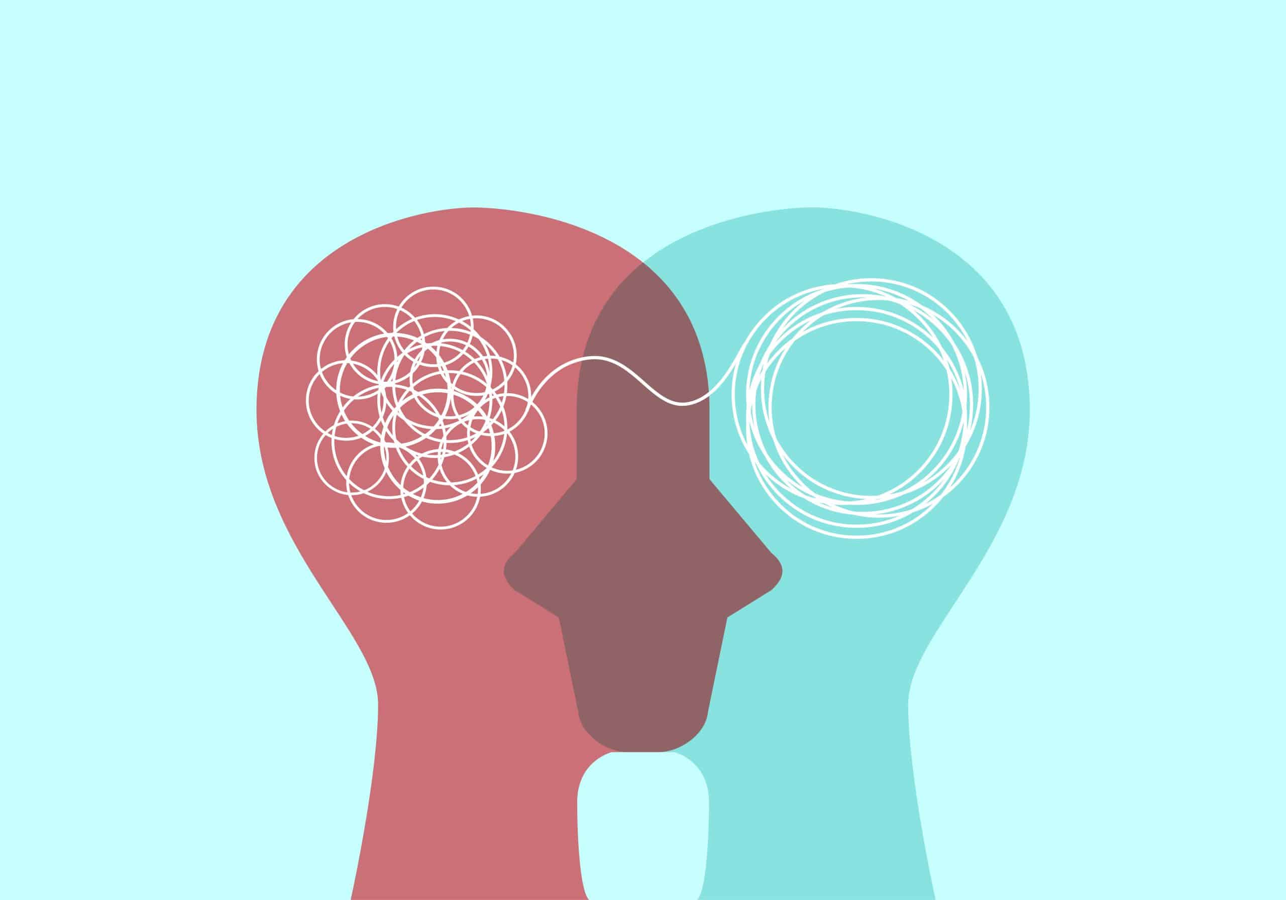 Head sign with tangle and untangle doodle symbol and connecting line. Problem resolve control. Metaphor mind mental. Split personality. Concept Psychology. Dual personality mind. Mental health.